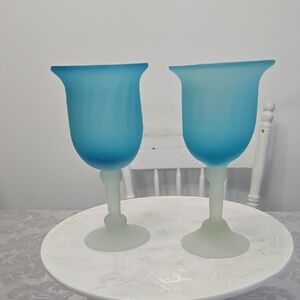 Set Of 2 Frosted Blue With White Stem Handblown Wine Glasses Goblets